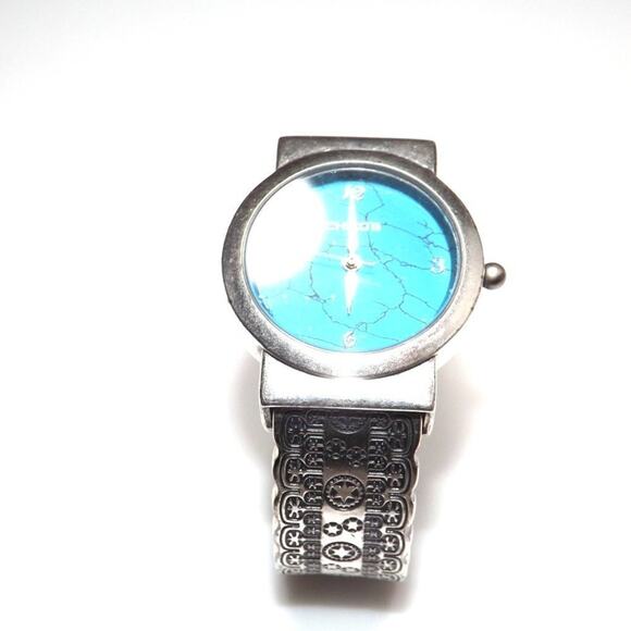 Chico's Cuff Watch, Turquoise Face, Silver Tone Engraved Band, Japanese Movement - Picture 11 of 12